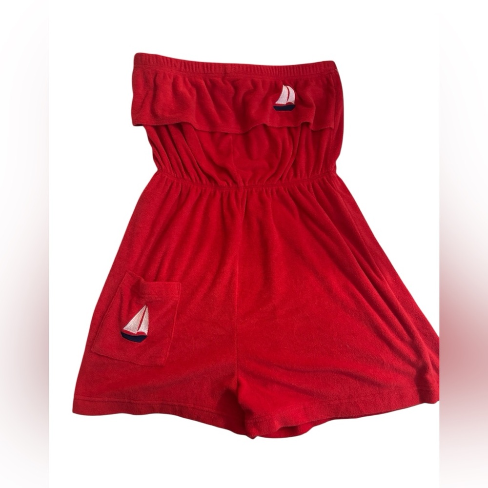 Vintage Red Strapless Romper with Sailboat Embroidery